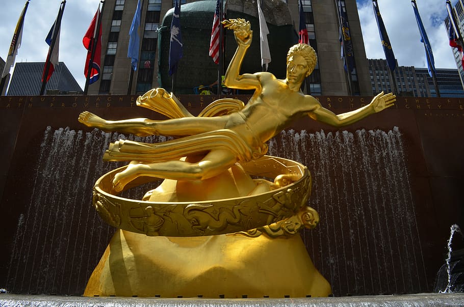 prometheus, source, rockefeller, new york, statue, mythology HD wallpaper