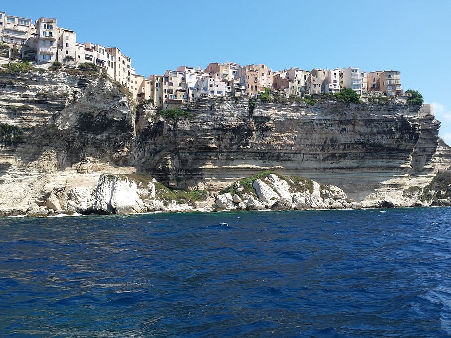 bonifacio, corsica, france, crag, sea, summer, houses, architecture, HD wallpaper