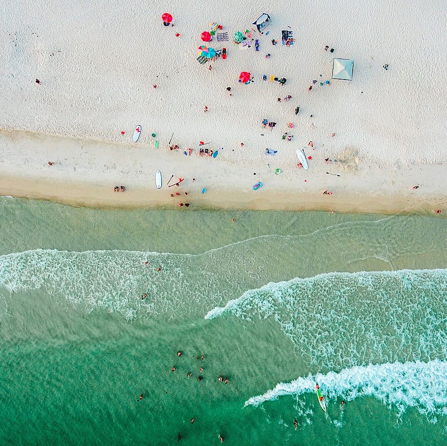 aerial photo of people on seashore and sea at daytime, people on seashore during daytime HD wallpaper