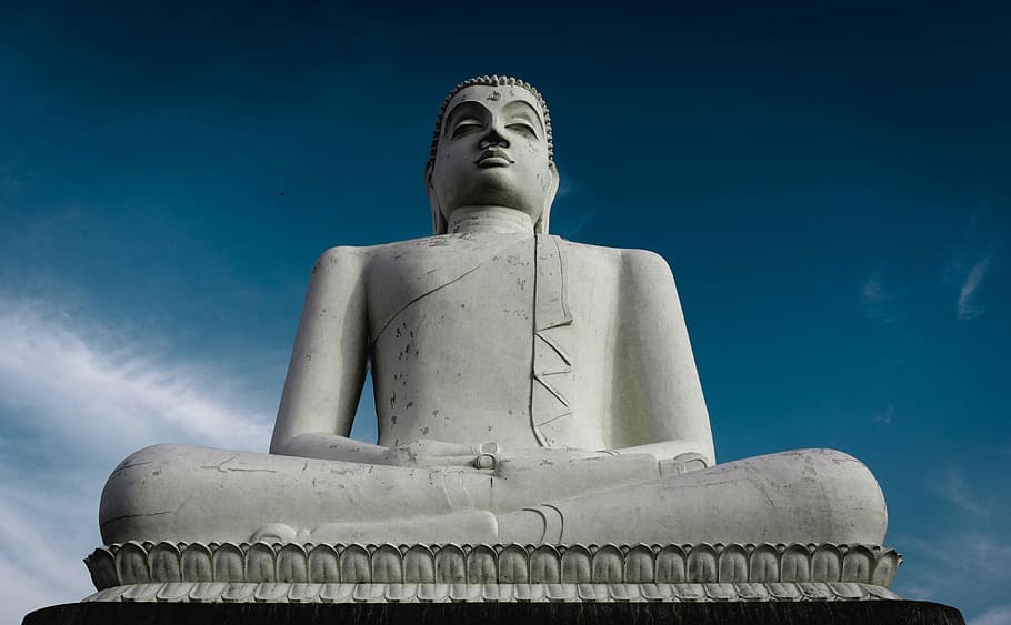 buddha statue, low-angle photography of white Buddha statue under clear blue sky HD wallpaper