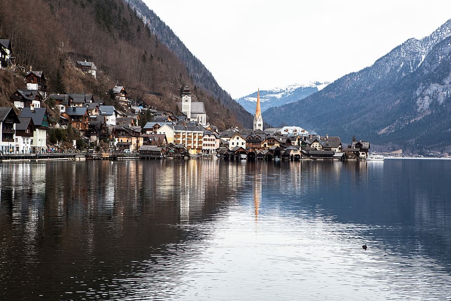 village beside large calm body of water, Hallstatt, Austria HD wallpaper