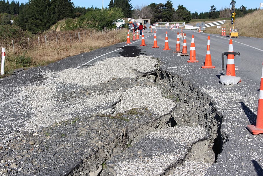 road, broken, crack, earthquake, damage, cones, repairs, roadwork