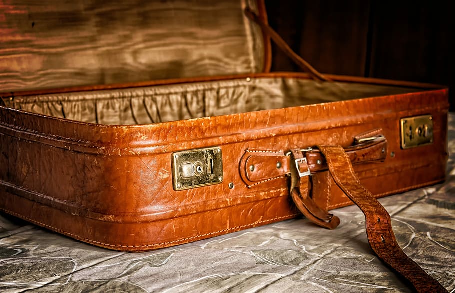 brown leather suitcase on gray cloth, luggage, packaging, travel, HD wallpaper