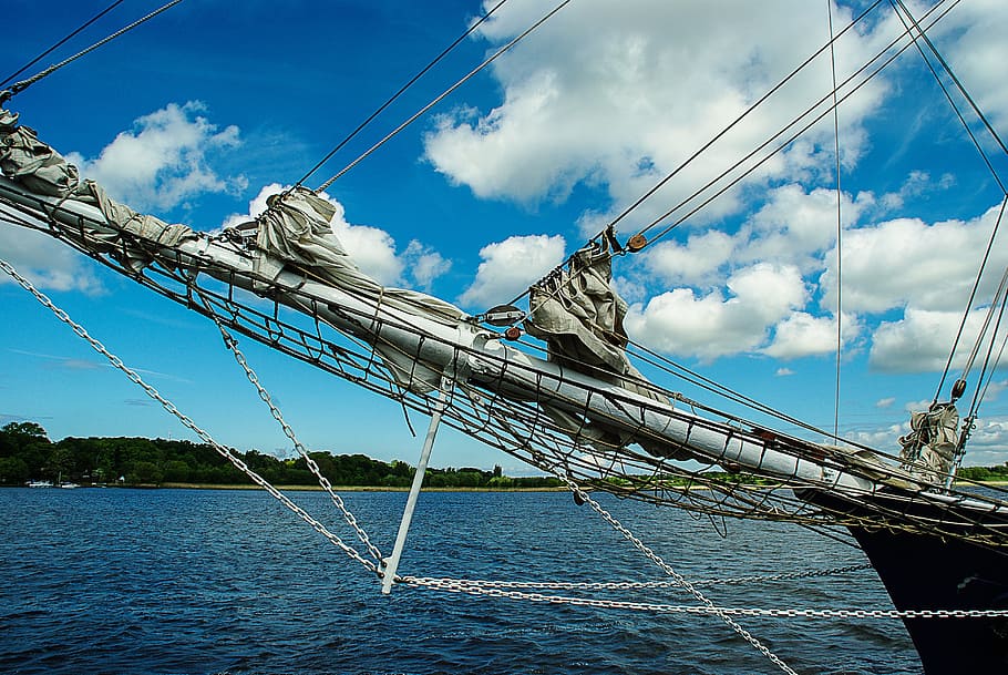 sailing vessel, bug, sea, clouds, stralsund, nautical vessel, HD wallpaper