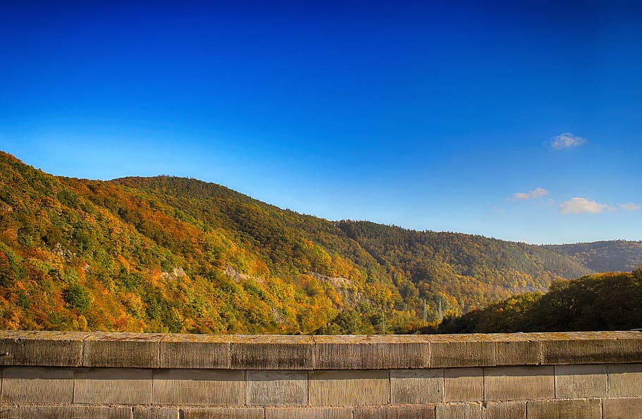 wall, edersee, barrier wall, dam, landscape, sky, green, masonry HD wallpaper