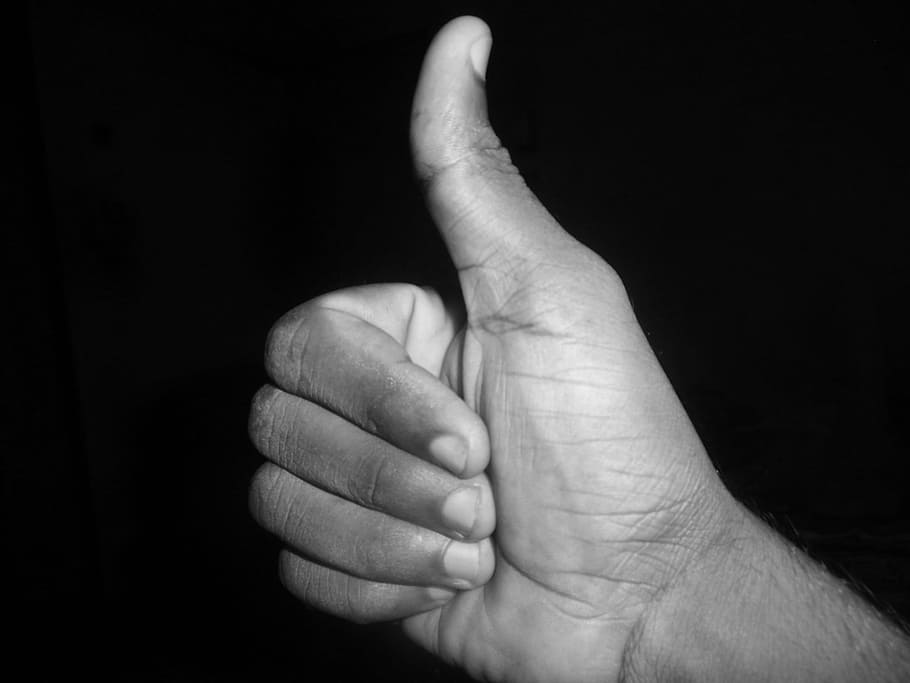 grayscale photo of okay hand gesture, thumb up, like, sign, good