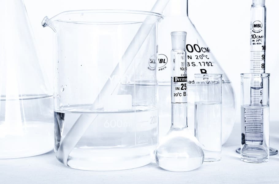 several glass chemist equipments, clear, laboratory, set, research, HD wallpaper