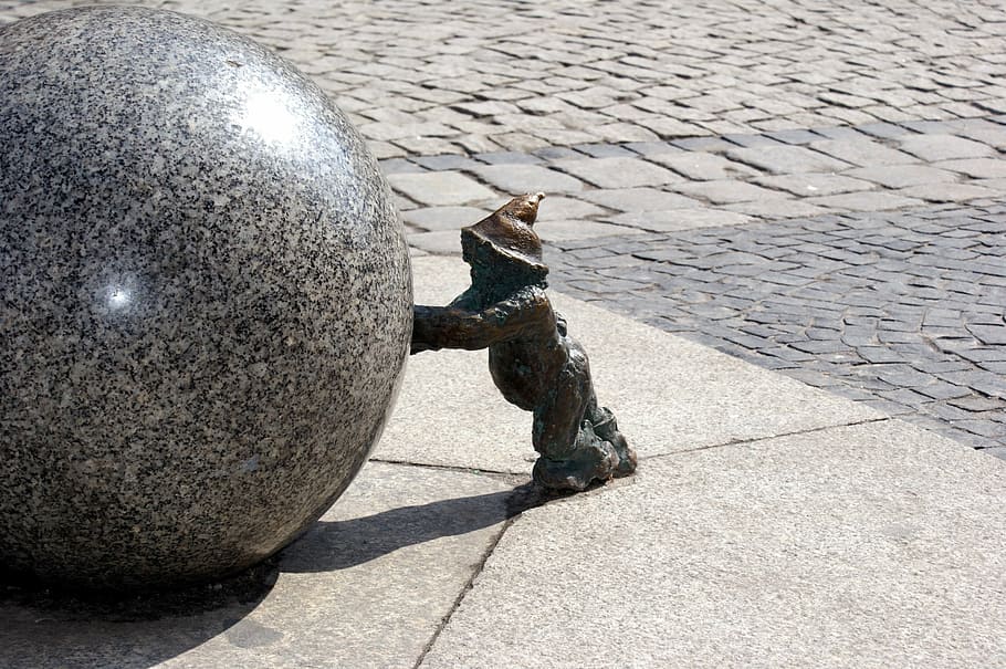 wroclaw, dwarf, imp, sculpture, metal, poland, figure, ball HD wallpaper