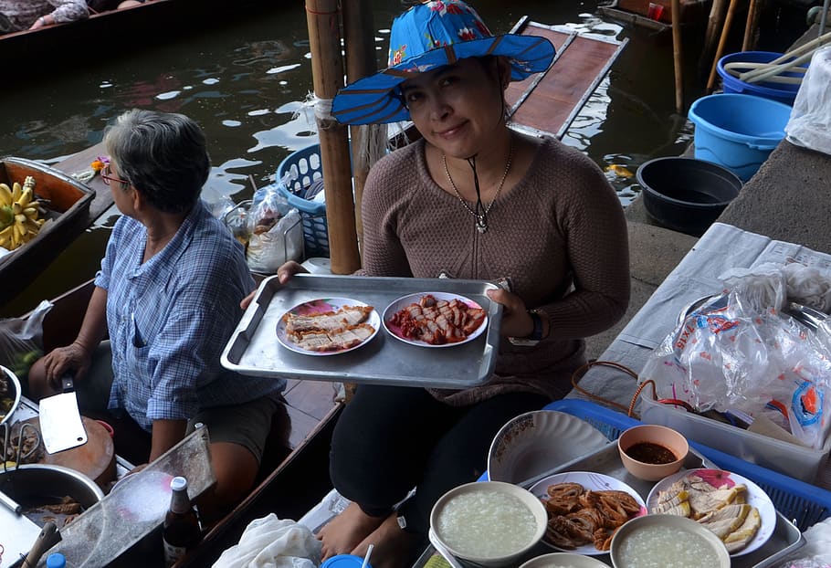 floating market, bangkok, thailand, lady, woman, food, cooking, HD wallpaper