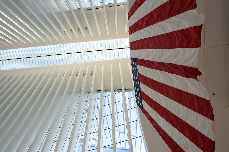 USA flag on wall, flag of USA on ceiling, architecture, white HD wallpaper