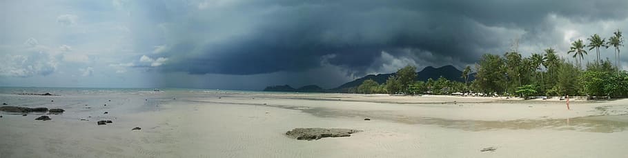 empty beach under humid weather, asia, clouds, thunderstorm HD wallpaper