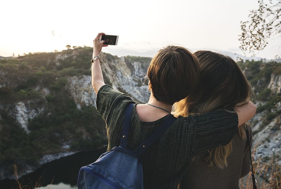 two person taking selfie, phone, dom, travel, together, hiking