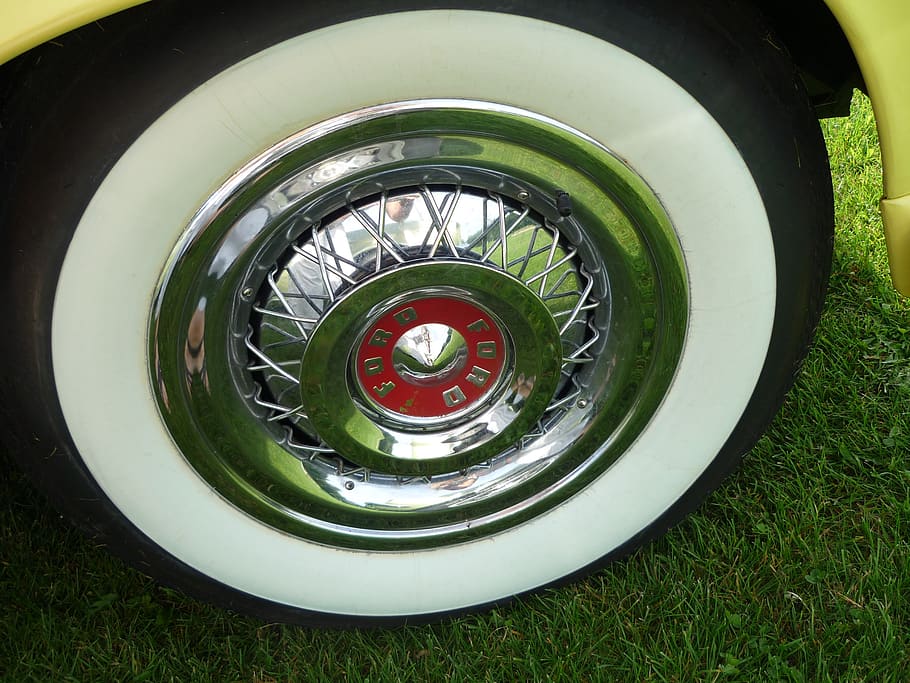 auto, mature, wheel, oldtimer, whitewall tires, ford, hub cap