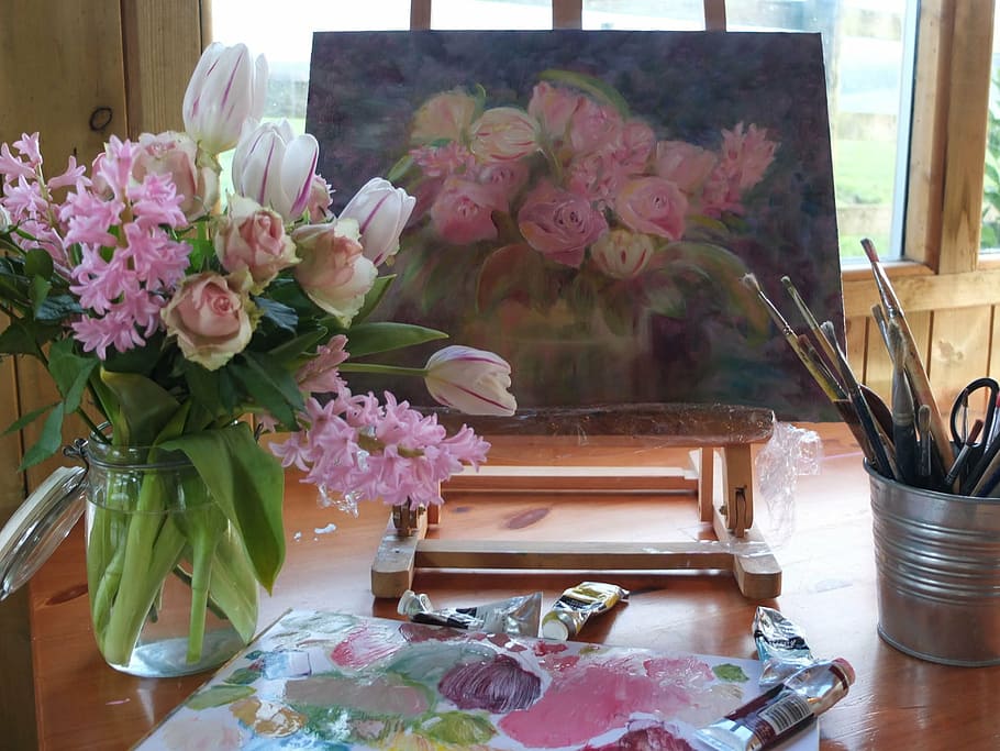 Hd Wallpaper Flowers On Vase Beside Painting Art Artist Oil