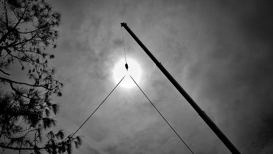 construction, work, crane, arm, chain, hook, sun, tree, sky HD wallpaper
