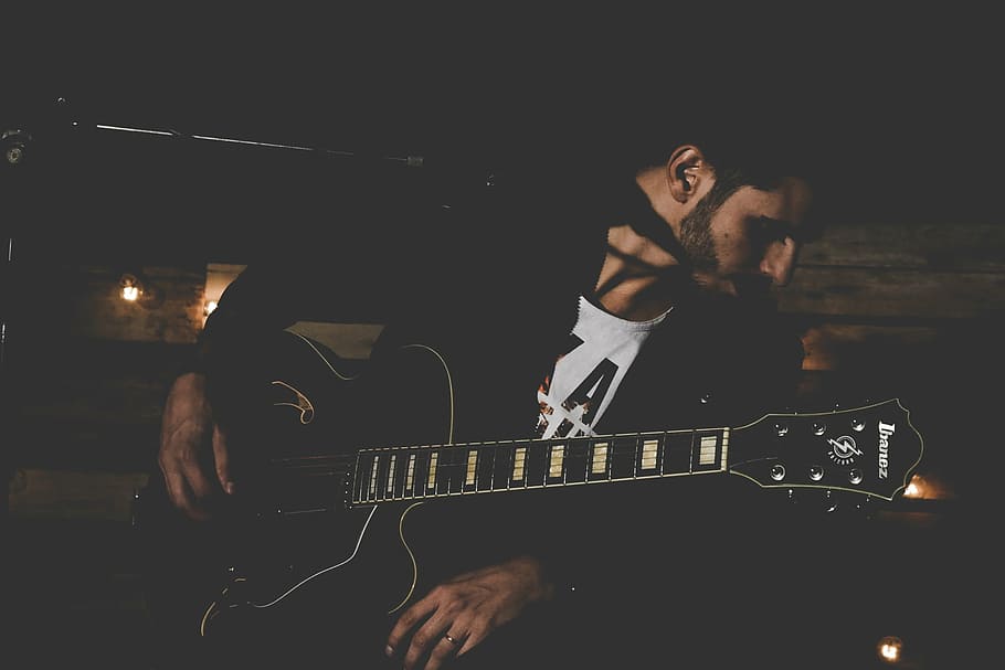 man playing black cutaway acoustic guitar, music, sound, instrument, HD wallpaper