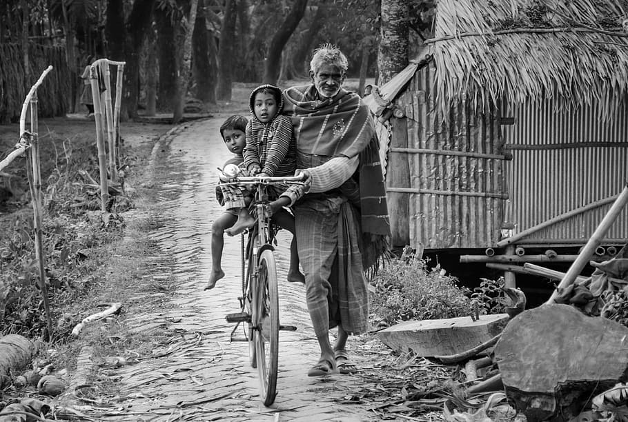 street, old man, child, bike, childhood, grandfather, two people, HD wallpaper