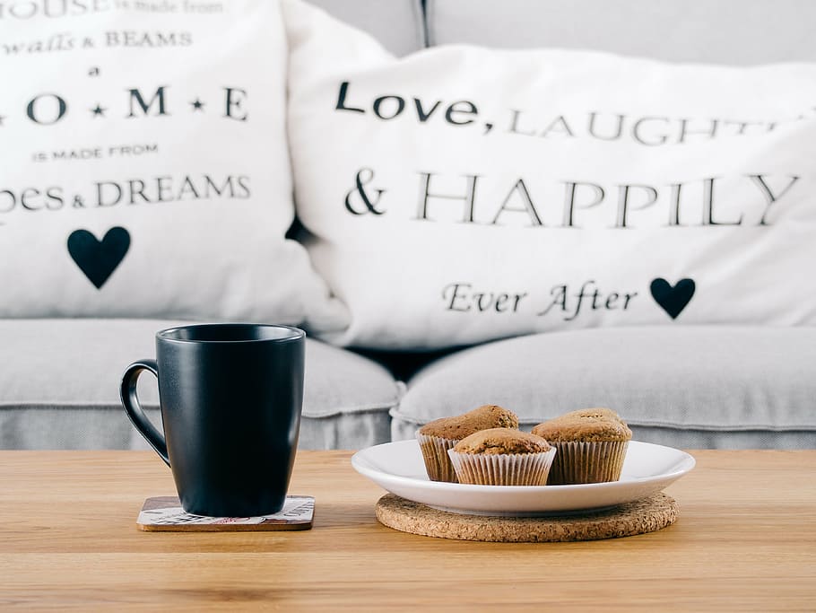 three muffins on plate near black ceramic mug, food, photography HD wallpaper