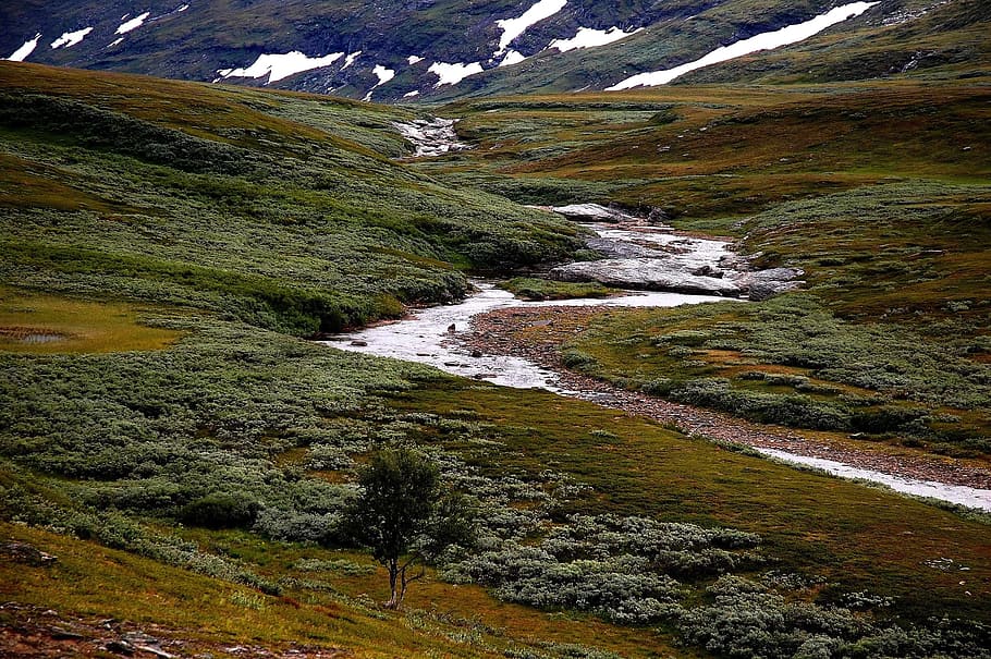 Sweden, Landscape, Stream, Water, mountains, grass, tundra HD wallpaper