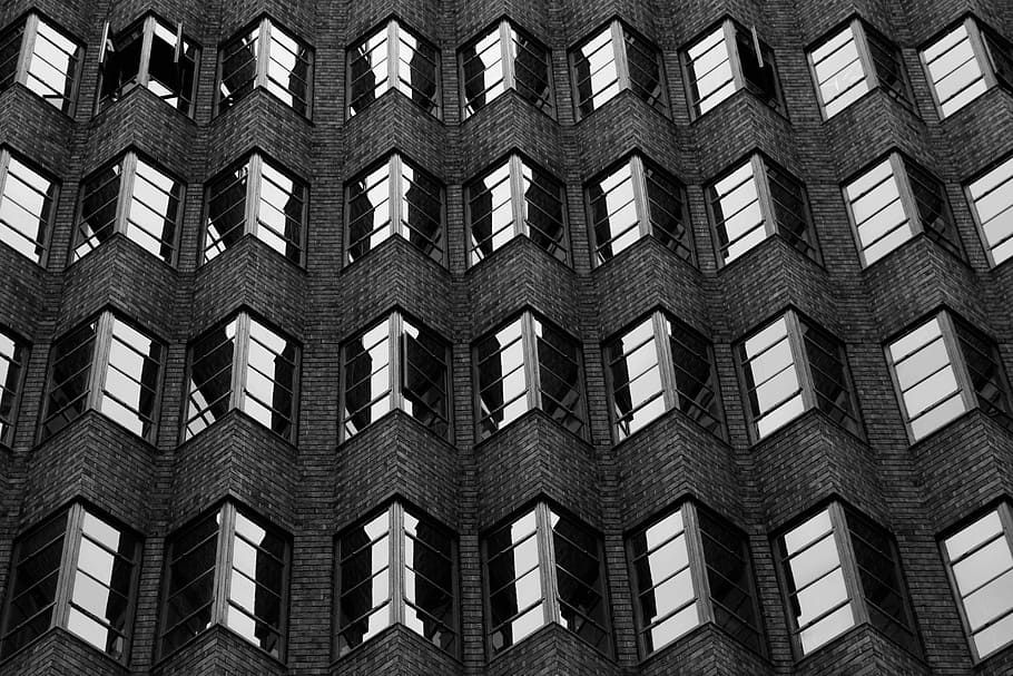 grayscale photography of city building, untitled, Brick, Glass HD wallpaper