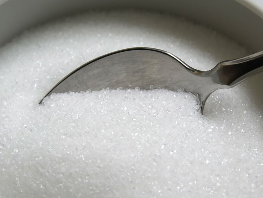 gray stainless steel spoon on white sugar powder, cutlery, sweeteners, HD wallpaper