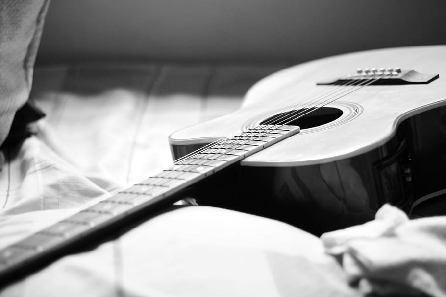 Gray Scale Photography of Acoustic Guitar on Bed, black-and-white HD wallpaper