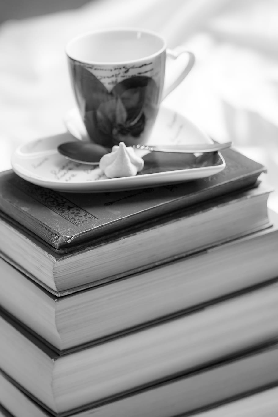 greyscale photo of teacup on top book stack, books, love, read HD wallpaper