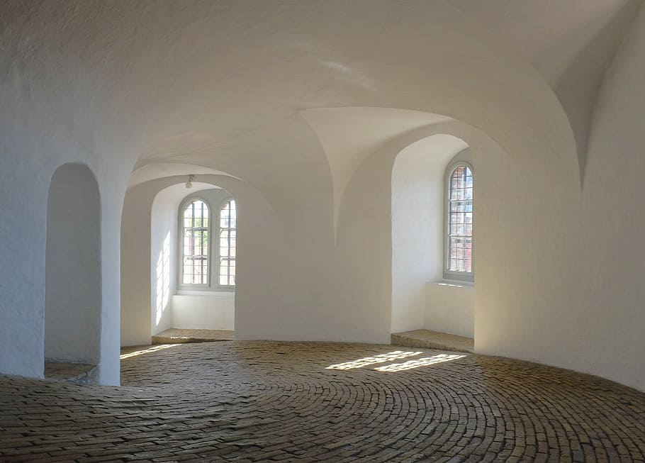 brown brick floor and white wall paint, white concrete wall, window HD wallpaper