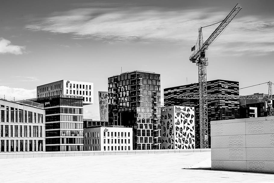 grayscale photography of concrete buildings, grayscale photography of constructed buildings HD wallpaper