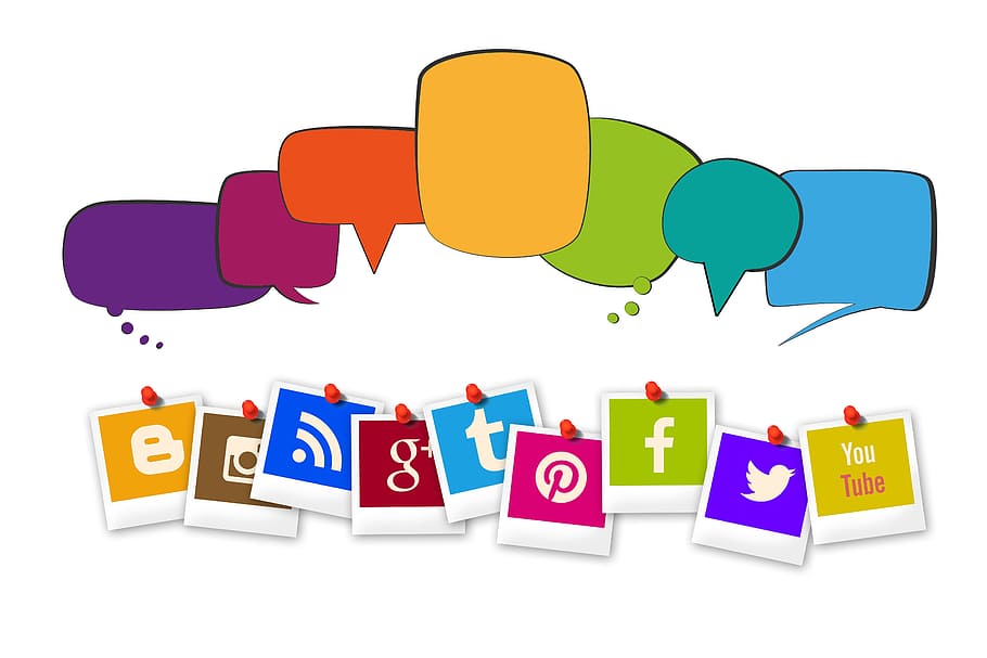 social media application logos, balloons, clouds, word clouds, HD wallpaper