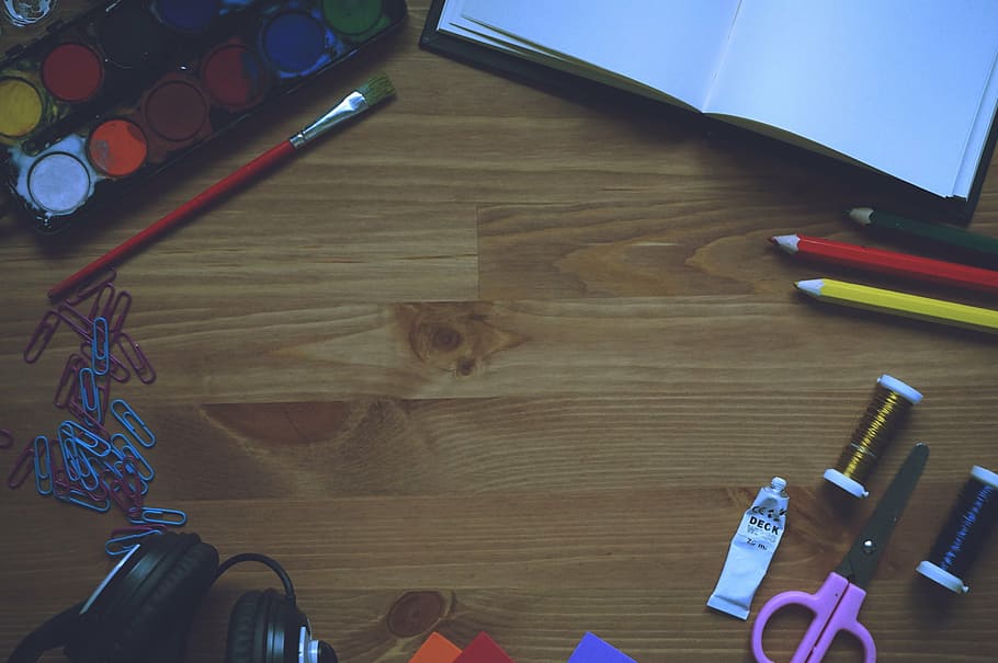 purple scissors on brown wooden surface, paint, notebook, brush, HD wallpaper