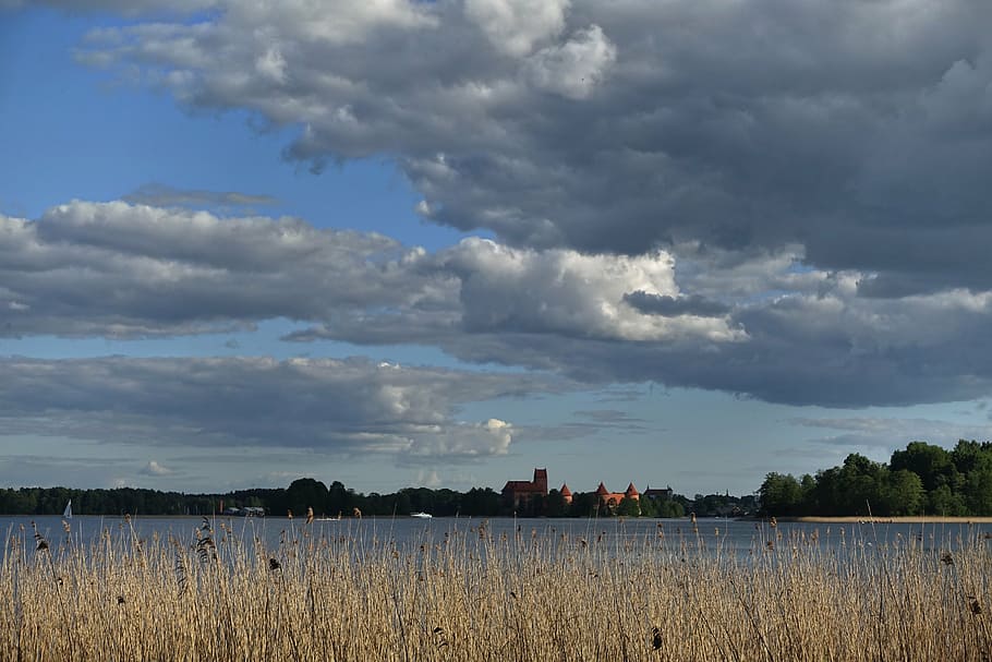 sky, reeds, horizon, distant, castle, fortification, water HD wallpaper
