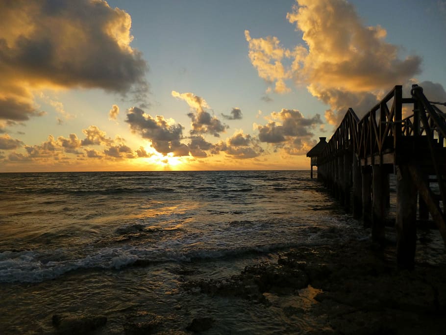 sunset, beach, sky, sea, nature, water, coastline, summer, pier HD wallpaper