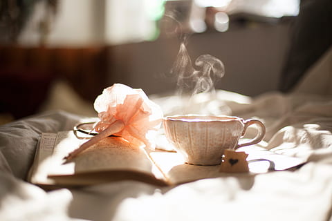 photo of white teacup on opened book, rest, calm, afternoon HD wallpaper