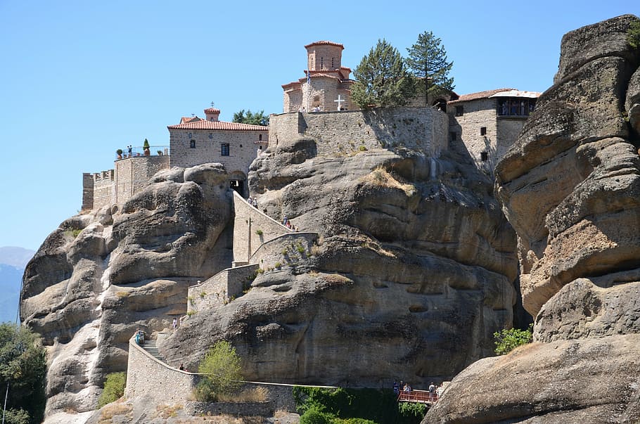gray mountain rock, meteora, greece, cliff, orthodox, landscape HD wallpaper