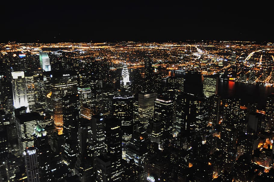 top view of city buildings during night, new, york, manhattan