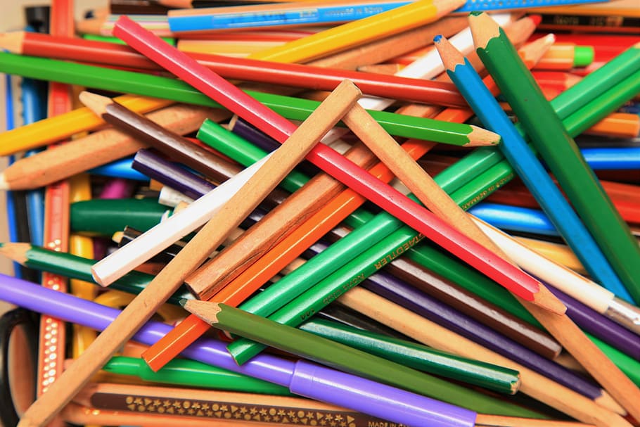 Pens, Mess, Colored Pencils, Colorful, multi colored, large group of objects