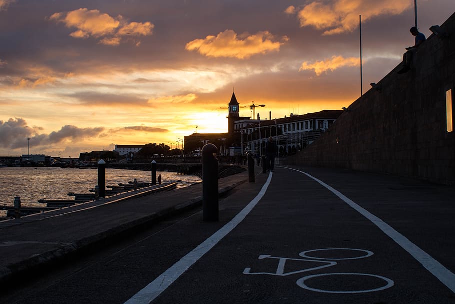 sunset, eventide, twilight, marina, bike path, boat, clouds, HD wallpaper