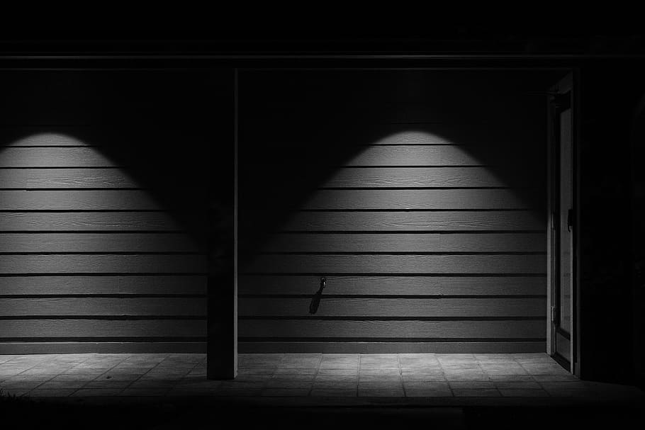 gray shutter door, light, monochrome, dark, night, woods, wall HD wallpaper