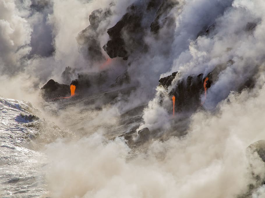 photography of volcanic eruption during daytime, volcano emitting sulfuric acid and lava HD wallpaper