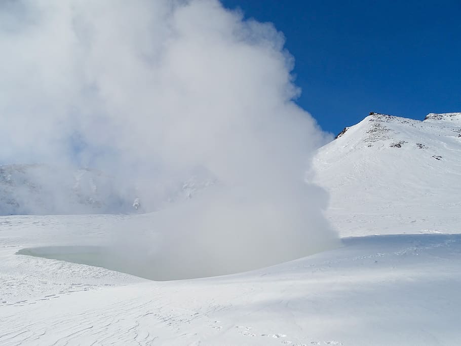 fumarole, pairs, post, winter, snow, coldly, frost, volcano HD wallpaper