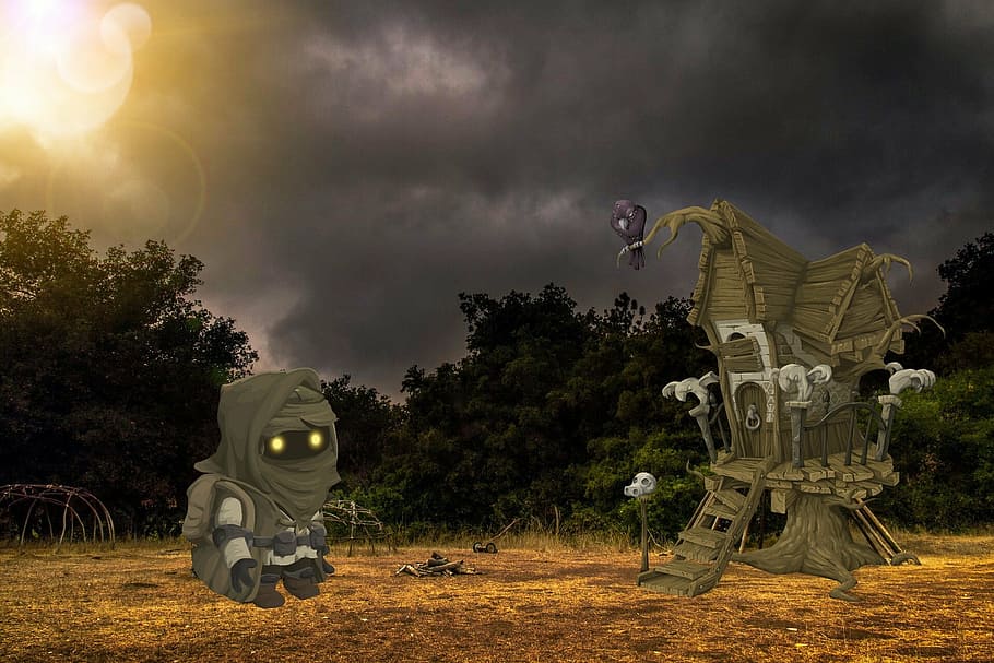 spooky, monster, treehouse, sun, sky, plant, cloud - sky, nature HD wallpaper