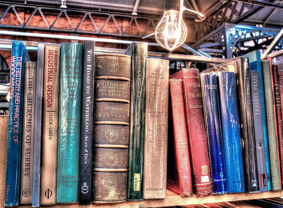book lot, books, light bulb, literature, learning, research HD wallpaper