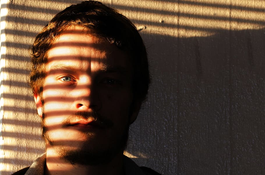 man's face on window stripes shadow effect during daytime, men HD wallpaper