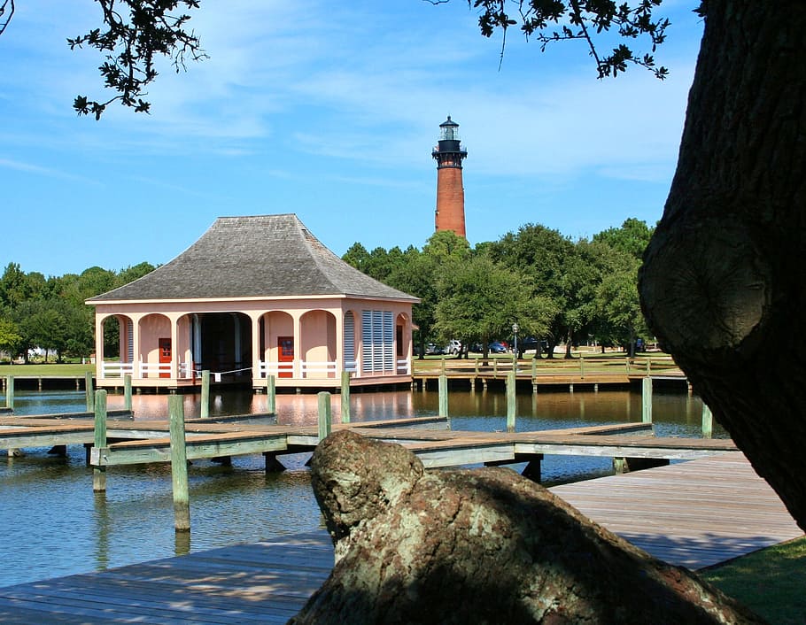 boathouse, lighthouse, dock, pier, small craft harbor, currituck HD wallpaper