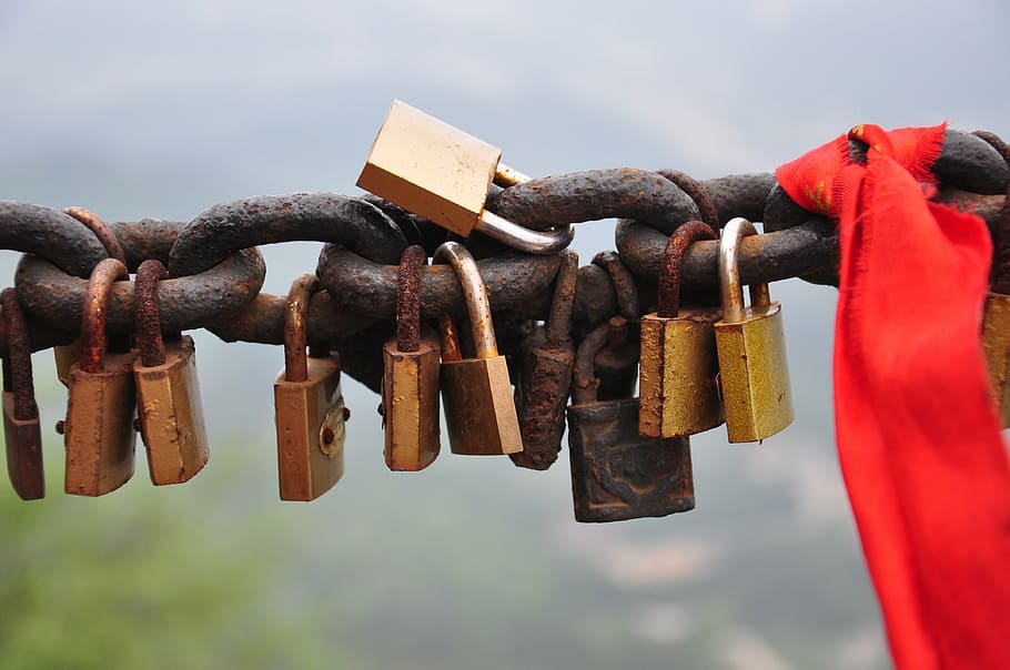 lock, love, long, hanging, padlock, metal, focus on foreground HD wallpaper