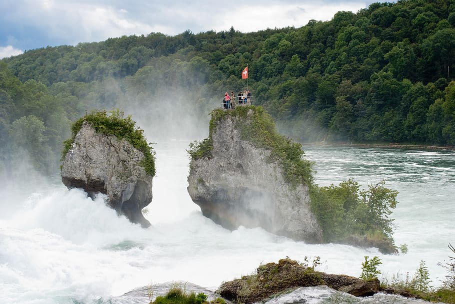 waterfall, rhein, people, waves, nature, river, tourism, rock HD wallpaper