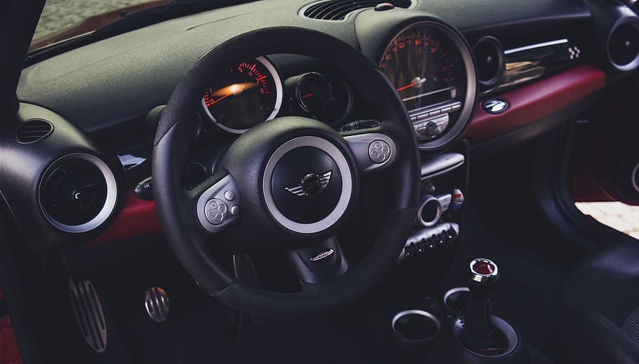 black and gray Mini vehicle interior, steering, wheel, dashboard
