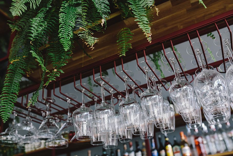 A big bunch of wine glasses hanging from a holder, restaurant, HD wallpaper