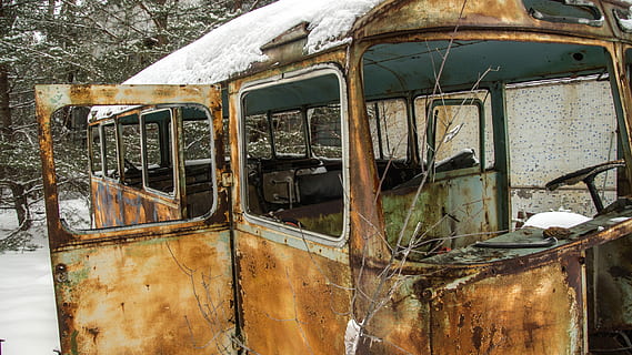 bus, snow, exclusion zone, winter, nature, landscape, white HD wallpaper
